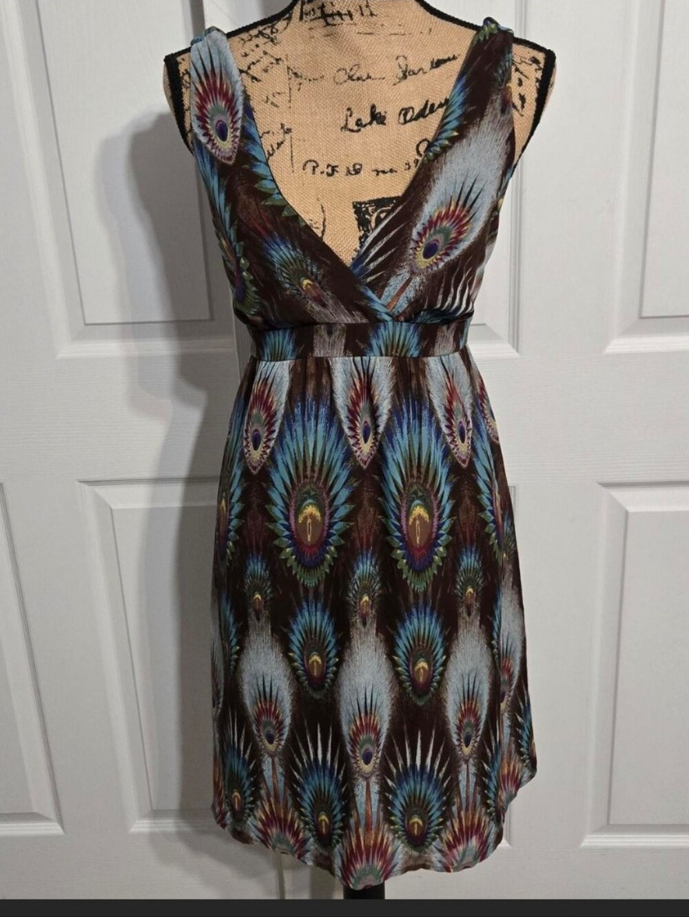 Charlote Rouse Peacock-Print V-Neck Mini Dress - Blue/Black/Green